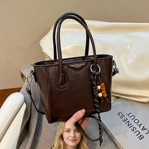 Vintage PU Leder Eimer Tasche Für Damen Retro Tote Schulter Umhängetasche Mit Holzperlen Anhänger Elegante Handtasche Alltag