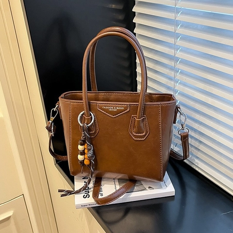 Vintage PU Leder Eimer Tasche Für Damen Retro Tote Schulter Umhängetasche Mit Holzperlen Anhänger Elegante Handtasche Alltag