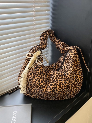 Bolso de Hombro de Lona con Estampado de Leopardo para Mujer Gran Capacidad Bolso Hobo con Asa Plisada Colgante Perla Artificial