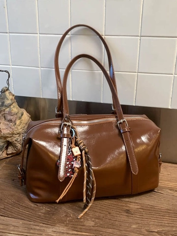 Women Vintage PU Leather Shoulder Bag Large Capacity Boston Bag Retro Underarm Bag Solid Color Commuter Tote Bag With Pendant