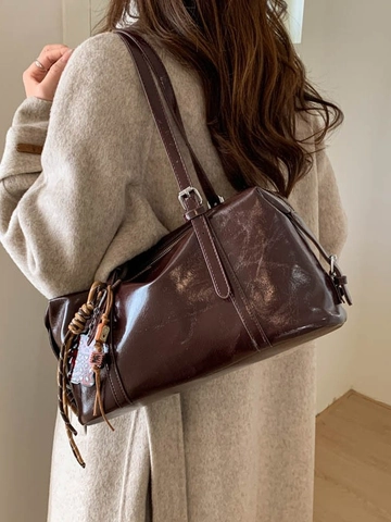 Women Vintage PU Leather Shoulder Bag Large Capacity Boston Bag Retro Underarm Bag Solid Color Commuter Tote Bag With Pendant