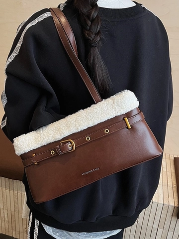 Sac Sous le Bras en Peluche d'Hiver pour Femmes Sac à Bandoulière en Cuir PU Vintage Patchwork de Laine d'Agneau Artificielle
