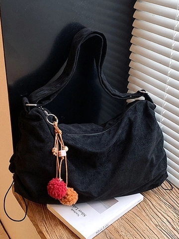 Retro Suede Leopard Print Hobo Bag For Women Large Capacity Tote Shoulder Bag With Fur Ball Charm Versatile Daily Handbag