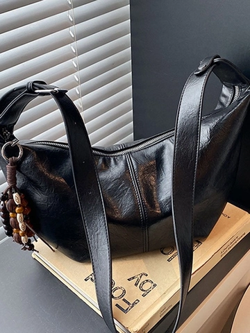 Women PU Leather Hobo Bag Vintage Crescent Underarm Bag With Wood Beads Pendant Solid Color Casual Shoulder Crossbody Bag