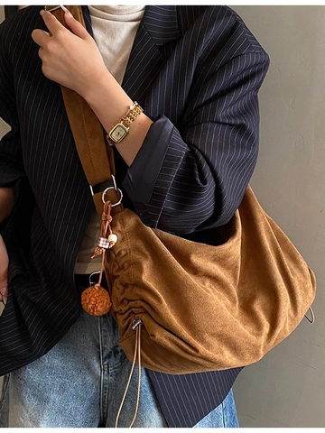 Retro Suede Leopard Print Hobo Bag For Women Large Capacity Tote Shoulder Bag With Fur Ball Charm Versatile Daily Handbag