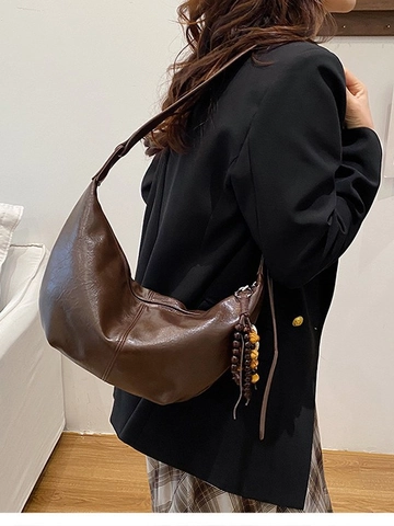 Women PU Leather Hobo Bag Vintage Crescent Underarm Bag With Wood Beads Pendant Solid Color Casual Shoulder Crossbody Bag
