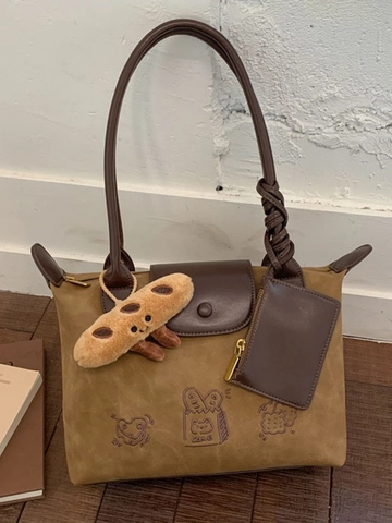 Sac Cabas en Cuir PU Broderie Dessin Animé Vintage Grande Capacité Sac à Épaule avec Pendentif Baguette pour Femme