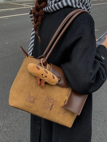 Sac Cabas en Cuir PU Broderie Dessin Animé Vintage Grande Capacité Sac à Épaule avec Pendentif Baguette pour Femme