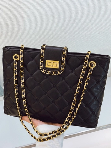Sac Cabas Matelassé Noir Vintage pour Femme Grande Capacité en Cuir PU Chaîne Dorée Sac à Bandoulière Classique Élégant pour Le Travail