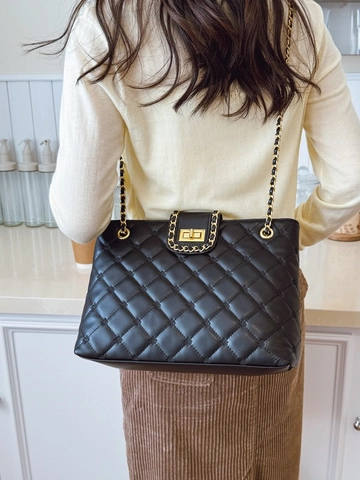 Sac Cabas Matelassé Noir Vintage pour Femme Grande Capacité en Cuir PU Chaîne Dorée Sac à Bandoulière Classique Élégant pour Le Travail