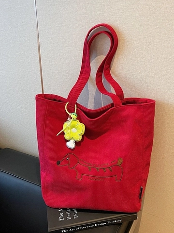 Fashionable Women Corduroy Tote Bag Large Capacity Shoulder Bag With Cute Dog Embroidery And Flower Pendant Casual Shopping Bag
