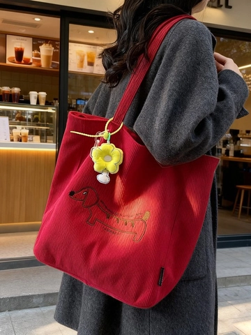 Fashionable Women Corduroy Tote Bag Large Capacity Shoulder Bag With Cute Dog Embroidery And Flower Pendant Casual Shopping Bag