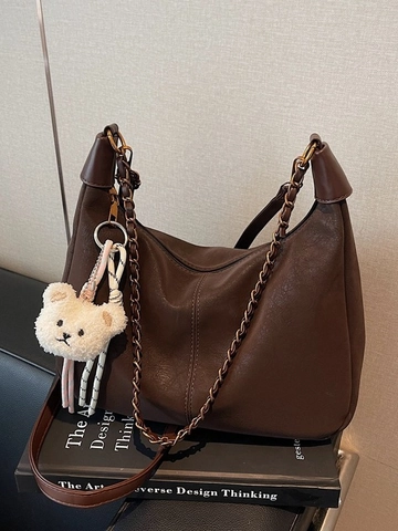 Retro Damen PU Leder Hobo Umhängetasche Große Kapazität Dumpling Schultertasche Mit Kette Plüschbär Charme Pendler Tasche