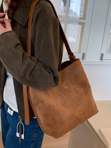 Bolso Cubo de Gran Capacidad de Gamuza PU Retro para Mujer Bolso de Hombro Mate Minimalista con Cierre de Giro