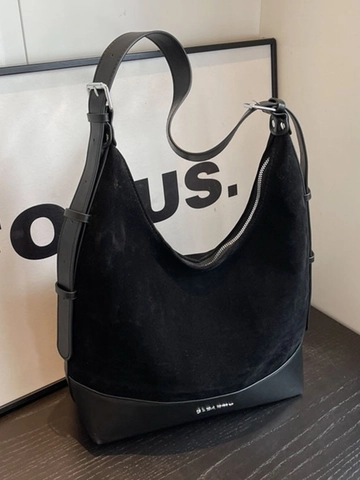 Sac Hobo Vintage pour Femme Grande Capacité Suède PU Épissage Sac Bandoulière Sangle Réglable Sac à Main Commutant
