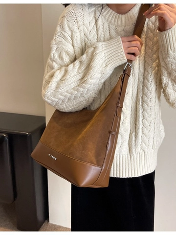 Sac Hobo Vintage pour Femme Grande Capacité Suède PU Épissage Sac Bandoulière Sangle Réglable Sac à Main Commutant
