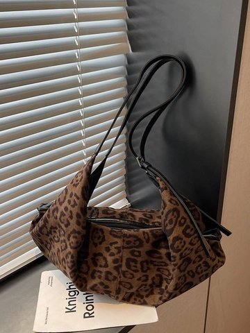 Bolso de Hombro Gamuza Retro Bolso Tote Slouchy Mujer Gran Capacidad Bolso Cruzado Conmutaje Estampado Leopardo Bolso Hobo Moda Mano