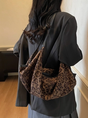 Bolso de Hombro Gamuza Retro Bolso Tote Slouchy Mujer Gran Capacidad Bolso Cruzado Conmutaje Estampado Leopardo Bolso Hobo Moda Mano