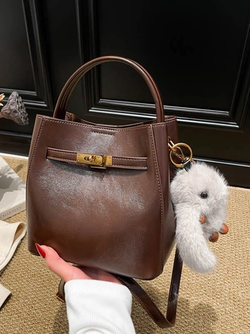 Vintage PU Leder Eimertasche Für Damen Mode Pendeln Umhängetasche Mit Schloss Schnalle Und Plüsch Charme Innentasche