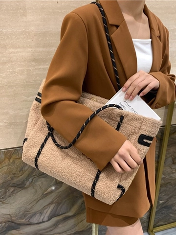 Bolso Tote de Felpa de Gran Capacidad para Mujer Bolso de Hombro de Piel de Cordero Sintética Informal de Invierno Bolso Suave