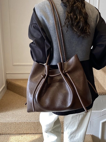 Bolso Tote de Cuero PU de Gran Capacidad Vintage para Mujer Bolso de Hombro Minimalista con Cordón Bolso de Mano Hobo de Moda