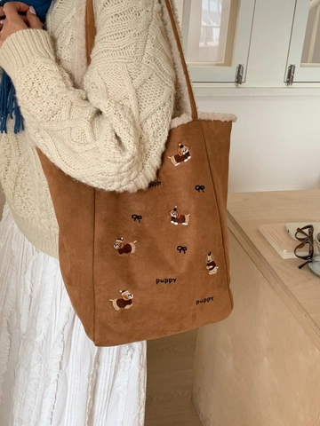 Bolso Tote de Gran Capacidad para Mujer de Peluche Gamuza Sintética Bordado de Cachorro Bolso de Hombro Casual Otoño Invierno Con Colgante