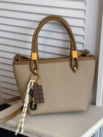 Borsa a Secchiello da Donna in Pelle PU Stile Coreano Retrò Piccola Borsa a Tracolla alla Moda con Ciondolo a Forma di Cioccolato Tinta Unita