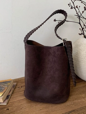 Borsa a Secchiello in PU Scamosciato Retrò per Donna Borsa Tote a Grande Capacità Con Tracolla Intrecciata Borsa a Spalla Classica