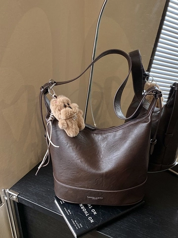 Vintage Bucket Bag Mit Großer Kapazität Aus PU-Leder Damen Retro Pendeln Umhängetasche Mit Bärenanhänger Tote