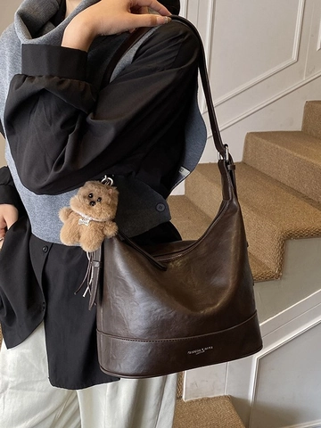 Vintage Bucket Bag Mit Großer Kapazität Aus PU-Leder Damen Retro Pendeln Umhängetasche Mit Bärenanhänger Tote