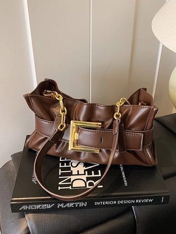Women Luxury PU Leather Underarm Bag Vintage Ruched Shoulder Bag Large Gold Square Buckle Chain Strap Commuting Handbag