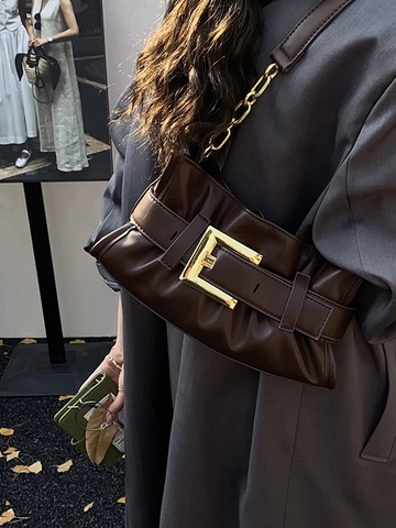 Women Luxury PU Leather Underarm Bag Vintage Ruched Shoulder Bag Large Gold Square Buckle Chain Strap Commuting Handbag