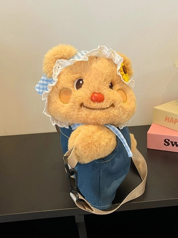 Kawaii Plush Bear Backpack For Kids Women Cartoon Animal Furry Shoulder Bag With Denim Overalls Sunflower Hat Decoration