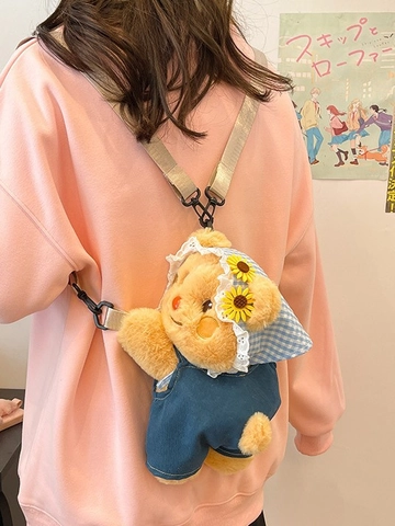 Kawaii Plush Bear Backpack For Kids Women Cartoon Animal Furry Shoulder Bag With Denim Overalls Sunflower Hat Decoration