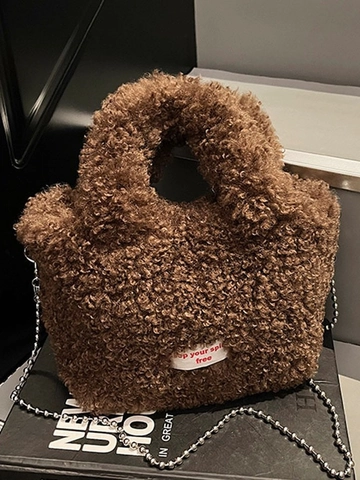Women Plush Bucket Bag Soft Faux Fur Handbag With Metal Chain Shoulder Bag Casual Fashion Letter Label Furry Crossbody Bag