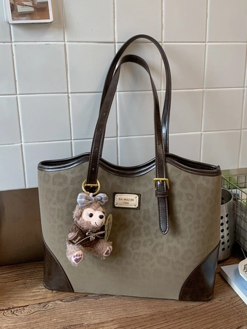 Women Vintage Leopard Print Tote Bag Large Capacity PU Leather Shoulder Bag Retro Commuter Handbag For School Office Daily Use