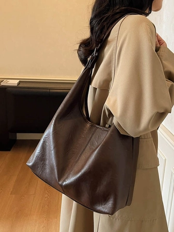 Vintage PU Leather Large Capacity Hobo Shoulder Bag For Women Minimalist Solid Color Tote Crossbody Handbag With Stitching