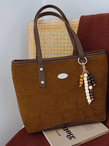 Bolso de Mano de Gran Capacidad para Mujer Cuero PU Retro Bolso de Hombro Con Amuleto de Cuentas de Madera Color Sólido Casual
