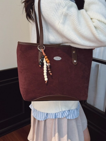 Bolso de Mano de Gran Capacidad para Mujer Cuero PU Retro Bolso de Hombro Con Amuleto de Cuentas de Madera Color Sólido Casual