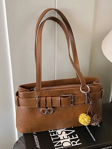 Vintage PU Leather Underarm Bag For Women Retro Belt Buckle Shoulder Bag Large Capacity Commuter Handbag Solid Color Fashion Tote
