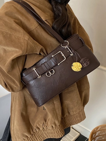 Vintage PU Leather Underarm Bag For Women Retro Belt Buckle Shoulder Bag Large Capacity Commuter Handbag Solid Color Fashion Tote