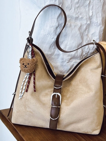 Retro PU Leder Tote Tasche Für Damen Große Kapazität Mode Pendeln Schulter Umhängetasche Mit Plüschbären Anhänger