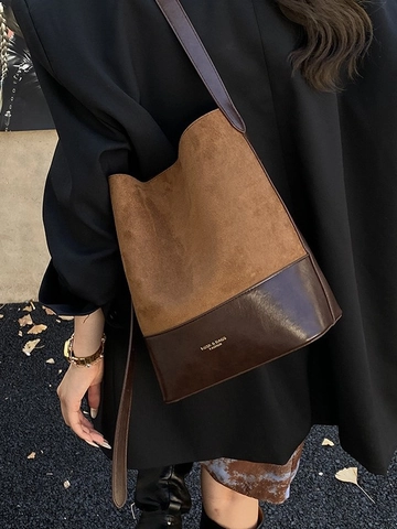 Sac Seau d'Épaule Grande Capacité Femmes Rétro Suède PU Cuir Patchwork Sac à Main Décontracté Lazy Commuter Tote Bandoulière Réglable
