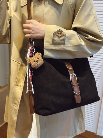 Retro PU Leder Tote Tasche Für Damen Große Kapazität Mode Pendeln Schulter Umhängetasche Mit Plüschbären Anhänger