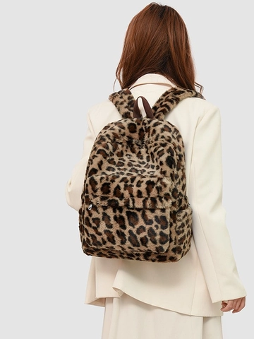 Große Kapazität Leopardenmuster Kunstpelz Rucksack Für Damen Trendy Schachbrett Plüsch Schultasche Winter Weich Mode Tagesrucksack