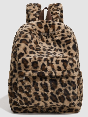 Große Kapazität Leopardenmuster Kunstpelz Rucksack Für Damen Trendy Schachbrett Plüsch Schultasche Winter Weich Mode Tagesrucksack