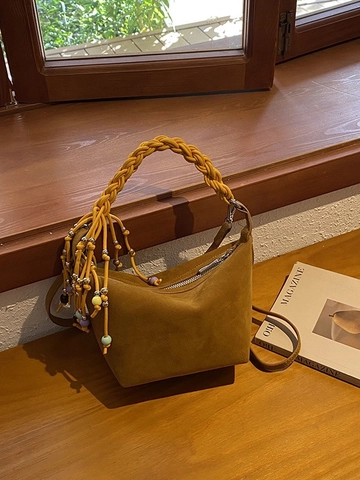 Borsa da Ascella Dumpling in Camoscio da Donna Con Fodera in Poliestere Vintage Manico Intrecciato Nappa Perle Colorate Borsa Moda