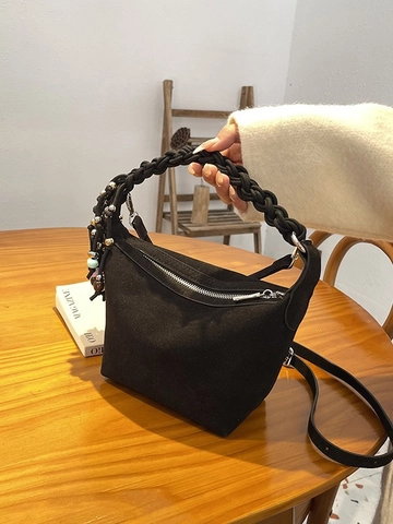 Borsa da Ascella Dumpling in Camoscio da Donna Con Fodera in Poliestere Vintage Manico Intrecciato Nappa Perle Colorate Borsa Moda
