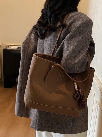Damen Vintage PU Leder Große Einkaufstasche Lychee Muster Schultertasche Für Pendeln Tägliche Arbeit Mit Quastenanhänger
