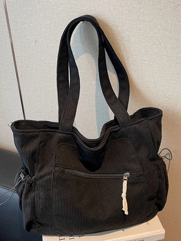 Borsa Tote in Velluto a Coste di Grande Capacità per Donna Borsa a Spalla Casual Vintage Con Tasca a Cerniera Laterale Coulisse